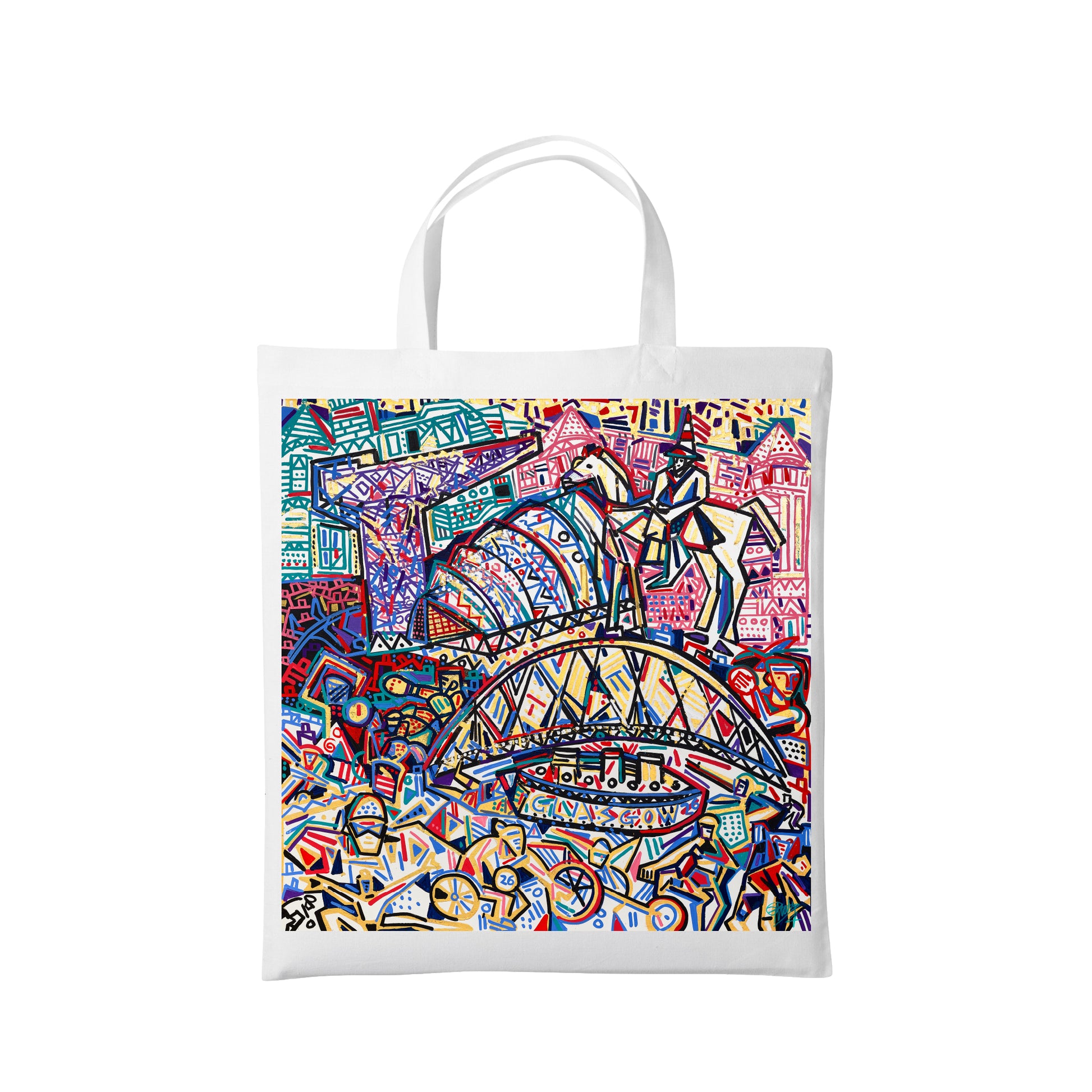 White cotton tote bag with Ben Mosley Glasgow 2026 cityscape design.