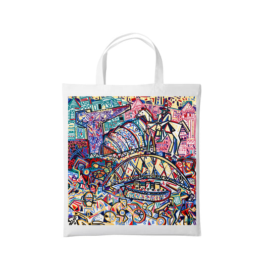 White cotton tote bag with Ben Mosley Glasgow 2026 cityscape design.