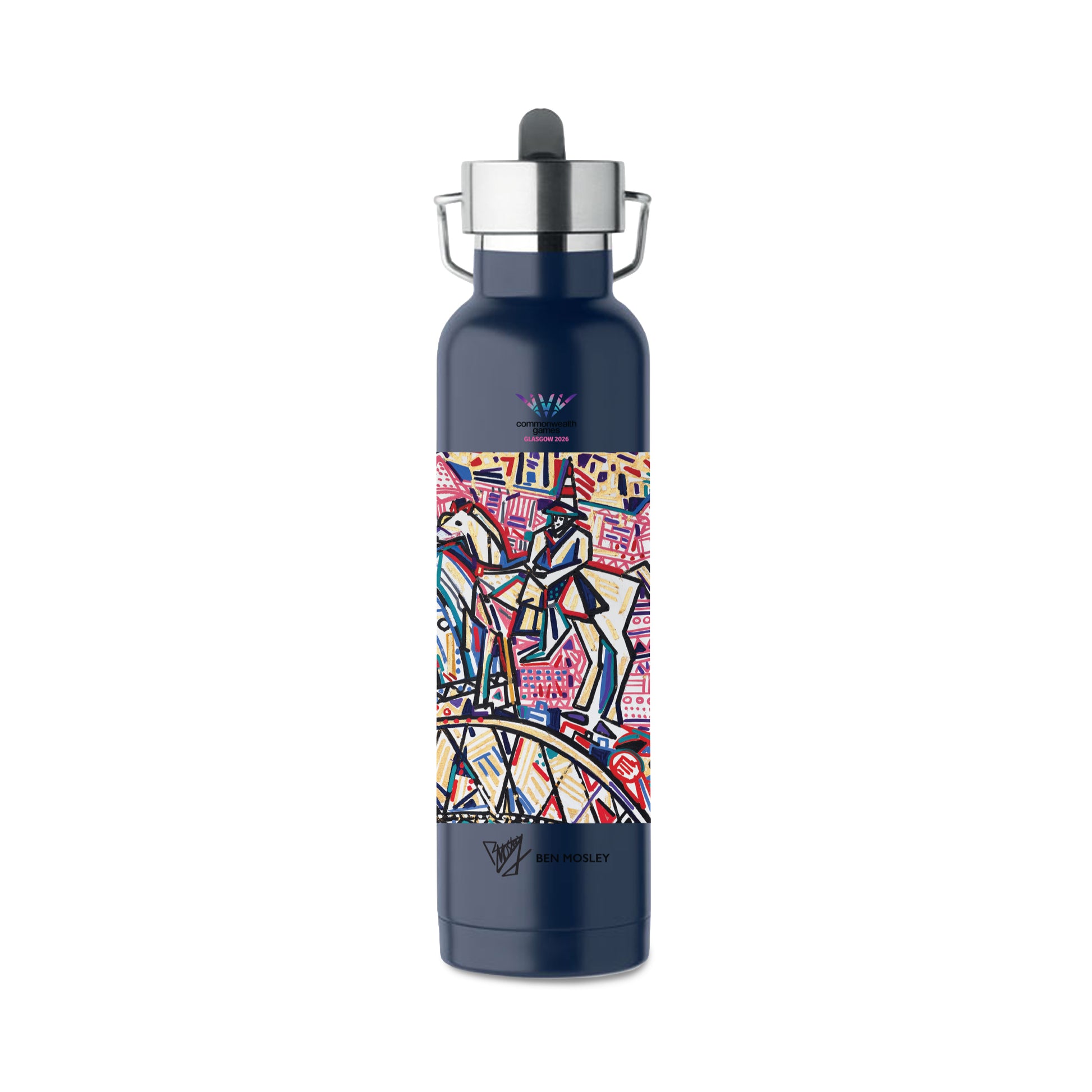 Navy stainless steel water bottle with built-in straw and Ben Mosley Glasgow 2026 (Detail No.1) Graphic.