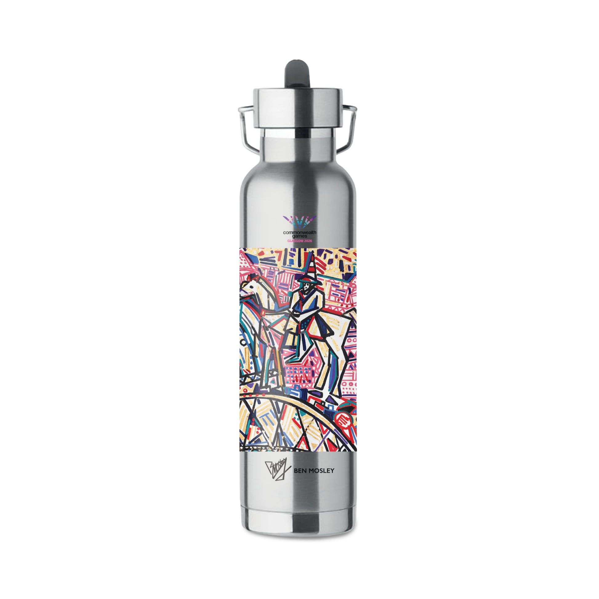 Silver stainless steel water bottle with built-in straw and Ben Mosley Glasgow 2026 (Detail No.1) Graphic.