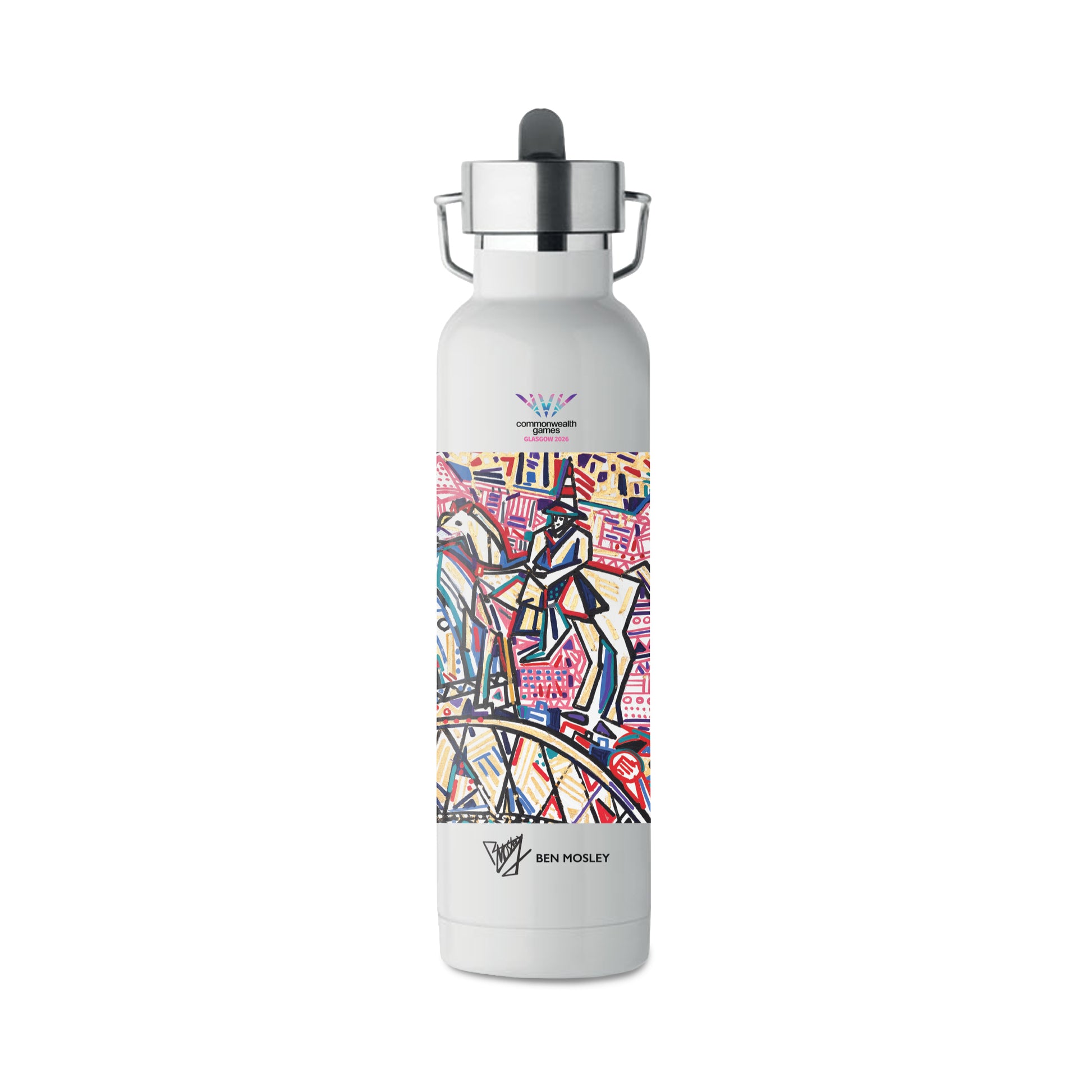 White stainless steel water bottle with built-in straw and Ben Mosley Glasgow 2026 (Detail No.1) Graphic.