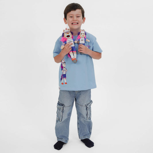 Boy holding both of our Glasgow 2026 Finnie Mascots - 15cm & 25cm