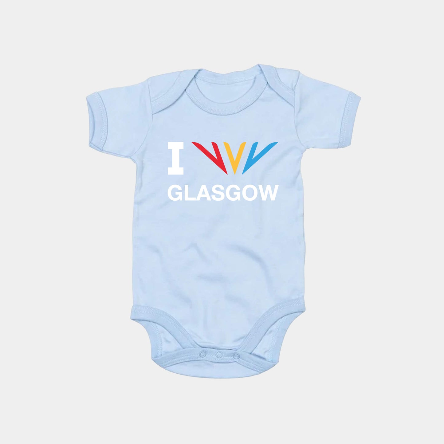 Front view of dusty blue Commonwealth Sport I Celebrate Glasgow baby bodysuit featuring the Celebration mark - Glasgow 2026