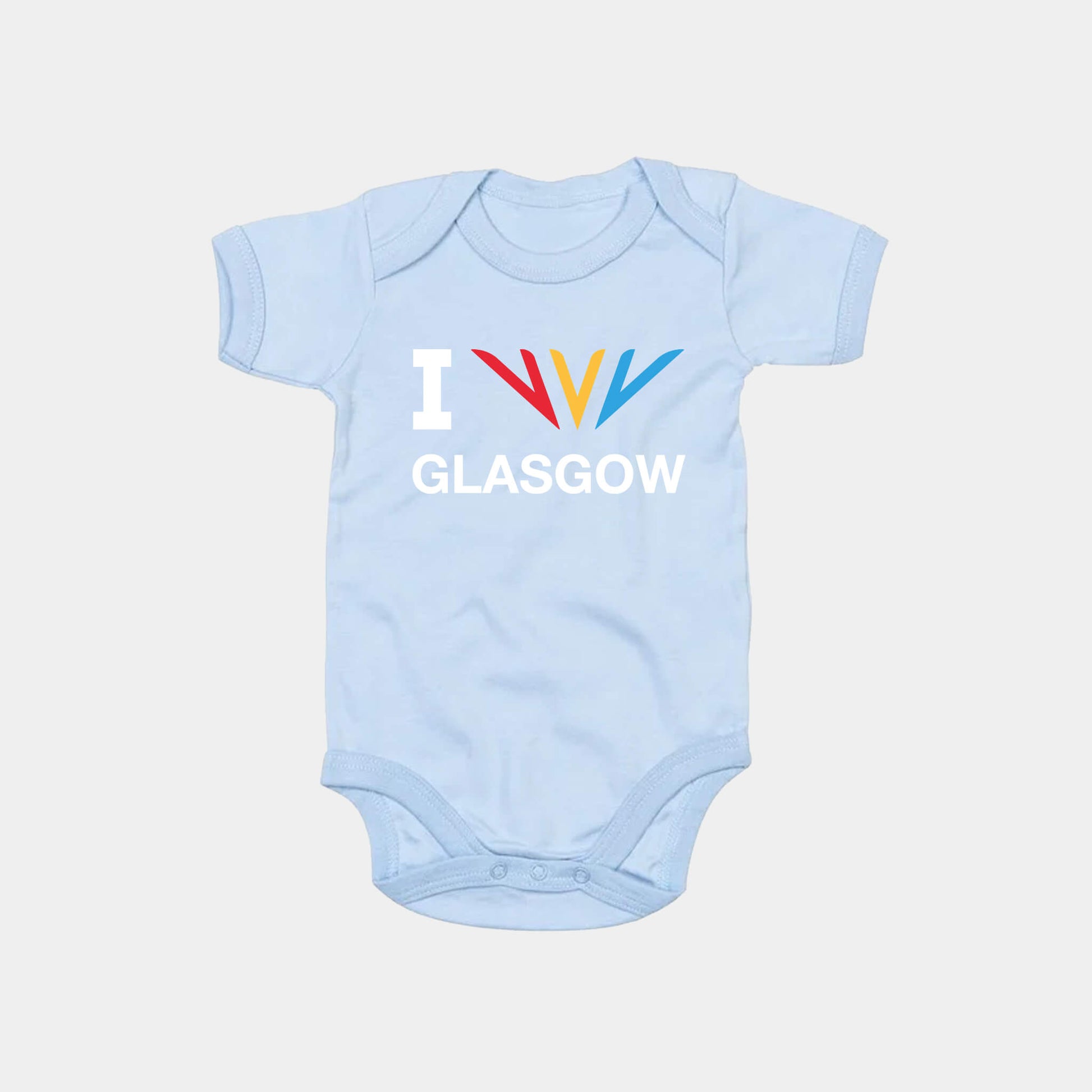 Front view of dusty blue Commonwealth Sport I Celebrate Glasgow baby bodysuit featuring the Celebration mark - Glasgow 2026