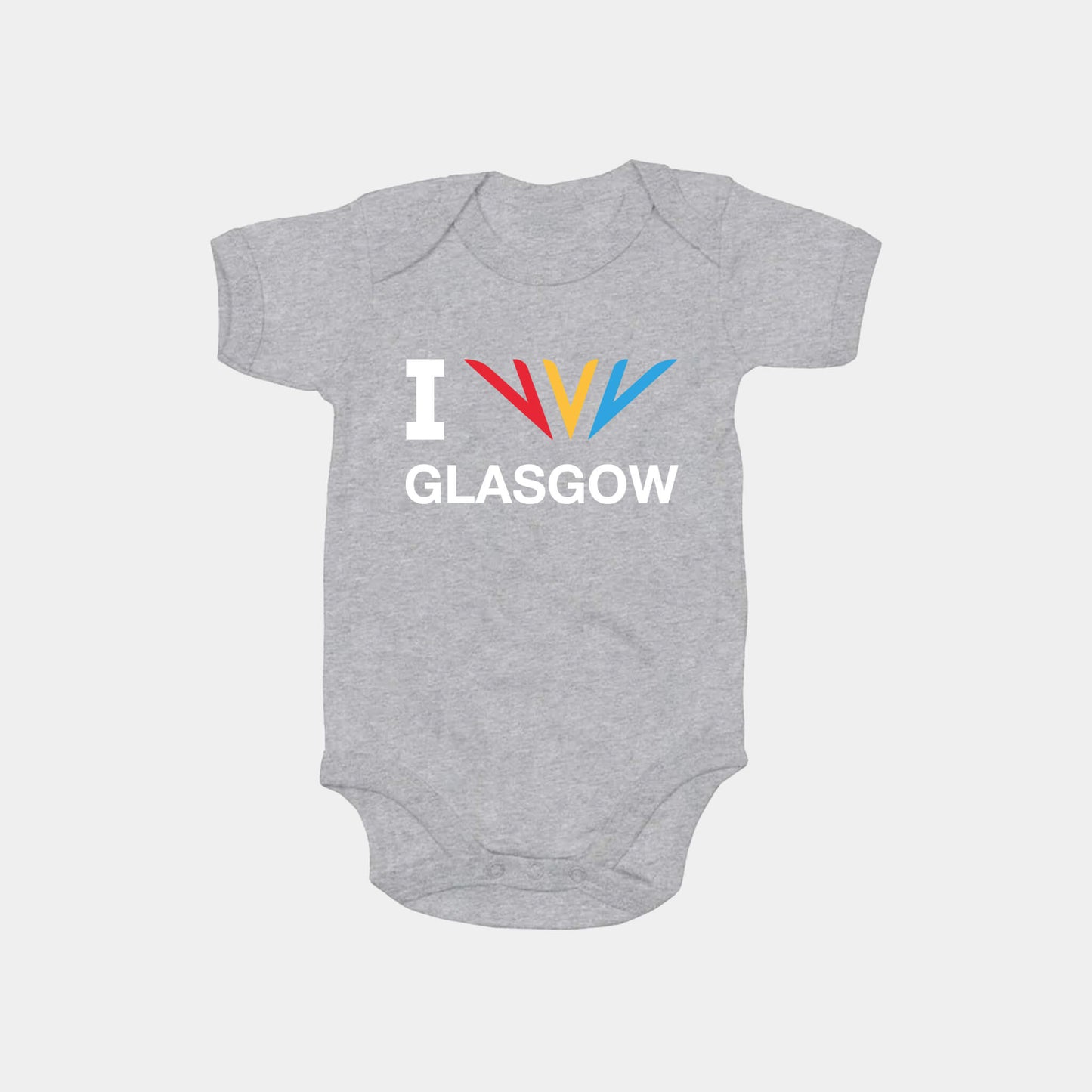 Front view of heather grey Commonwealth Sport I Celebrate Glasgow baby bodysuit featuring the Celebration mark - Glasgow 2026
