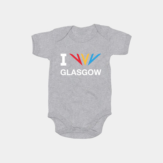 Front view of heather grey Commonwealth Sport I Celebrate Glasgow baby bodysuit featuring the Celebration mark - Glasgow 2026