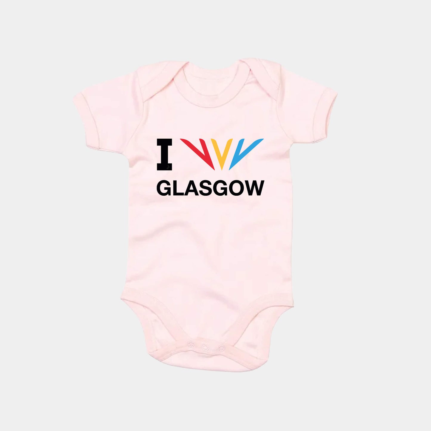 Front view of powder pink Commonwealth Sport I Celebrate Glasgow baby bodysuit featuring the Celebration mark - Glasgow 2026