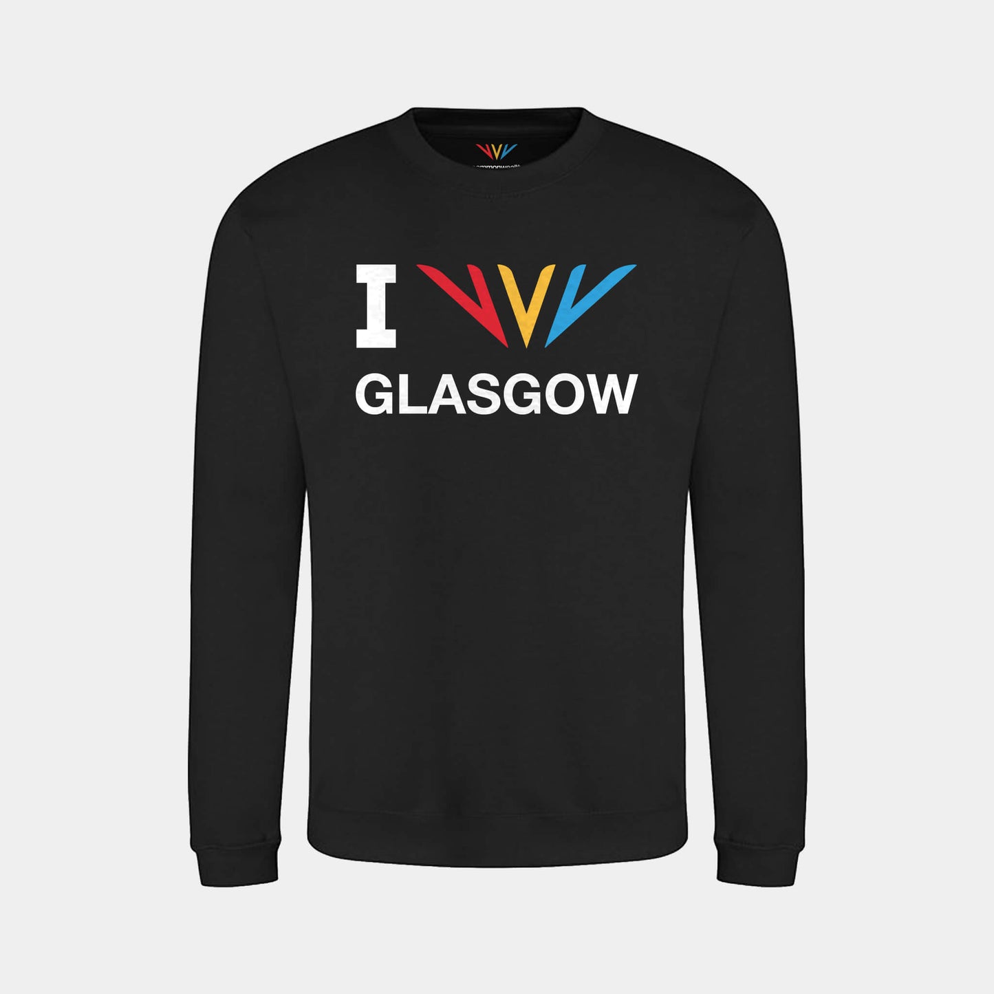 Front view of black Commonwealth Sport I Celebrate Glasgow Sweatshirt featuring the Celebration Mark - Glasgow 2026 
