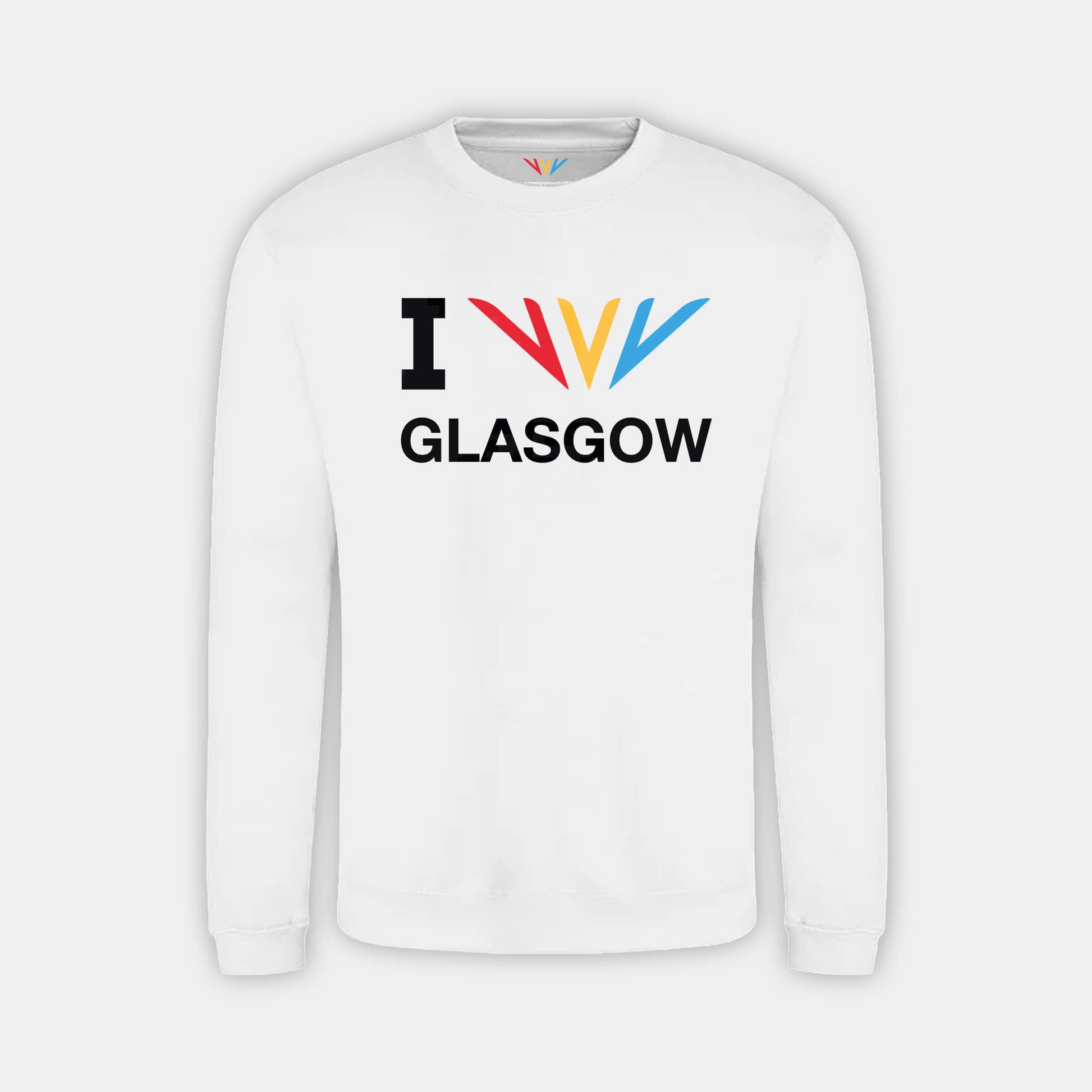 Front view of white Commonwealth Sport I Celebrate Glasgow Sweatshirt featuring the Celebration Mark - Glasgow 2026 