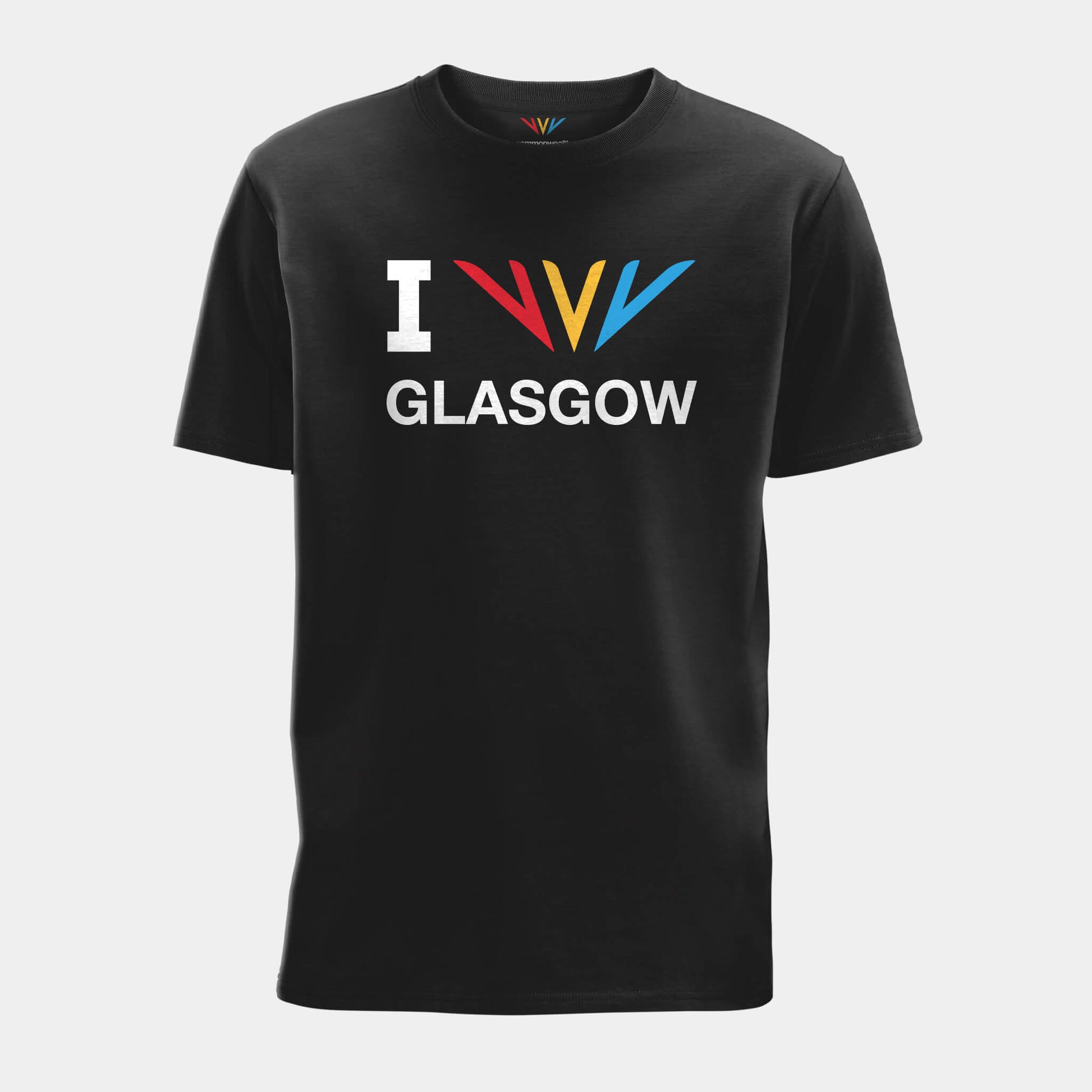 Front view of black Commonwealth Sport I Celebrate Glasgow t-shirt featuring the Celebration Mark - Glasgow 2026