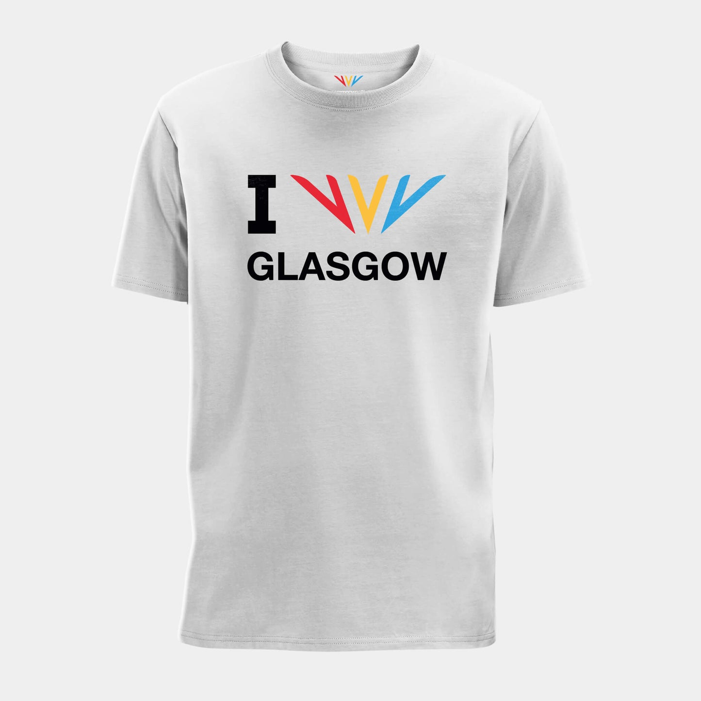 Front view of white Commonwealth Sport I Celebrate Glasgow t-shirt featuring the Celebration Mark - Glasgow 2026