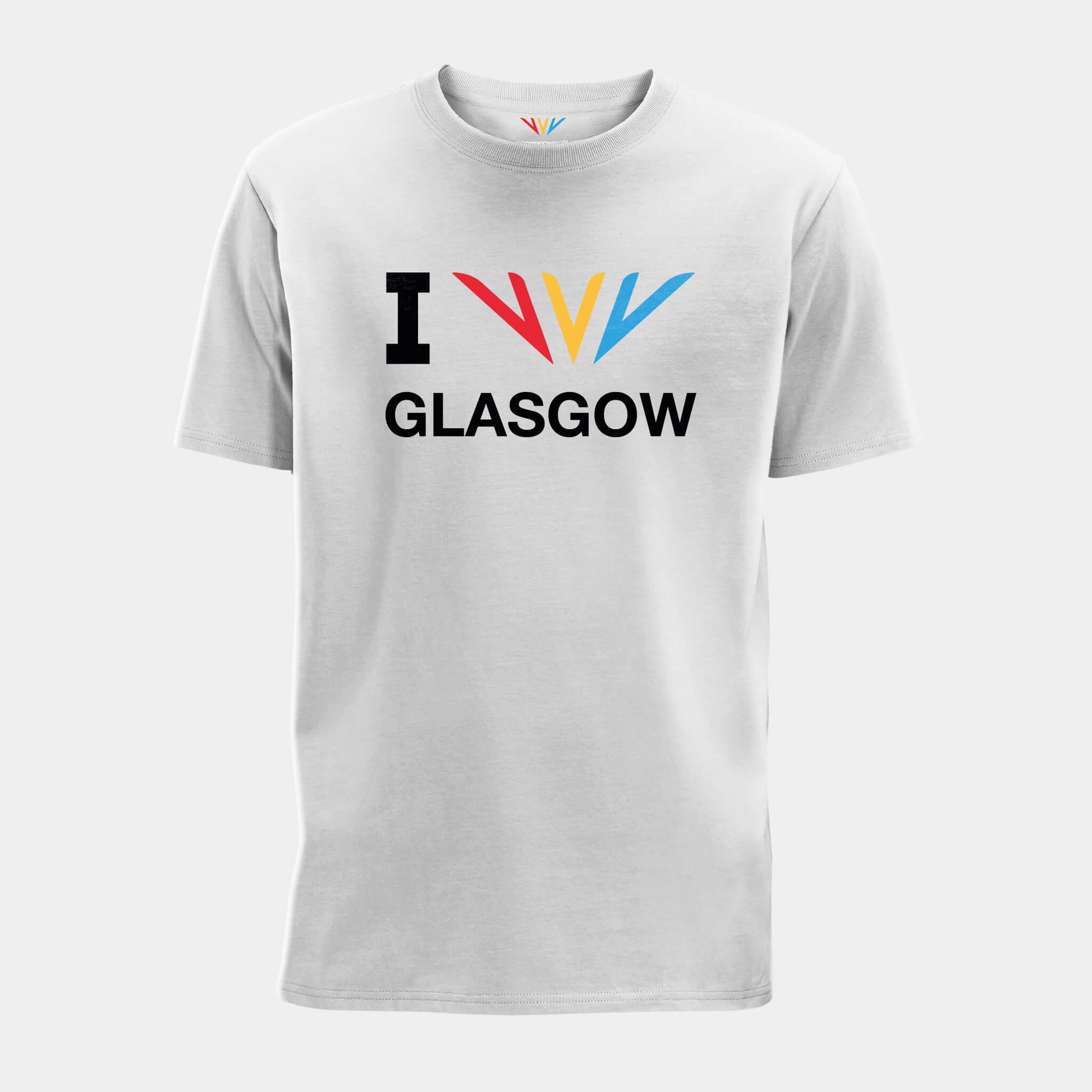 Front view of white Commonwealth Sport I Celebrate Glasgow t-shirt featuring the Celebration Mark - Glasgow 2026