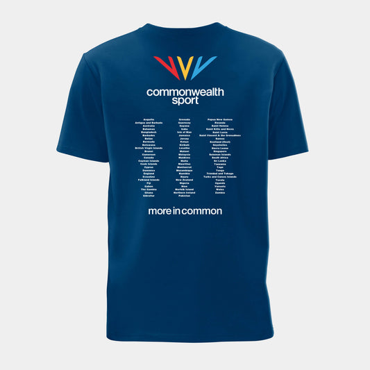 Front view of mountain blue Commonwealth Sport t-shirt with participating countries back print - Glasgow 2026