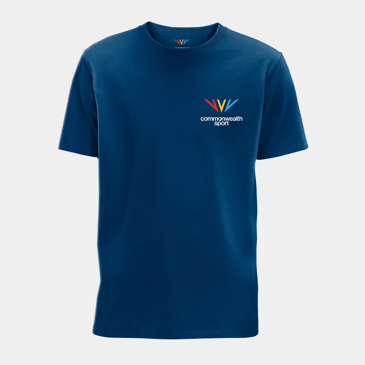 Front view of mountain blue Commonwealth Sport t-shirt with logo chest print - Glasgow 2026
