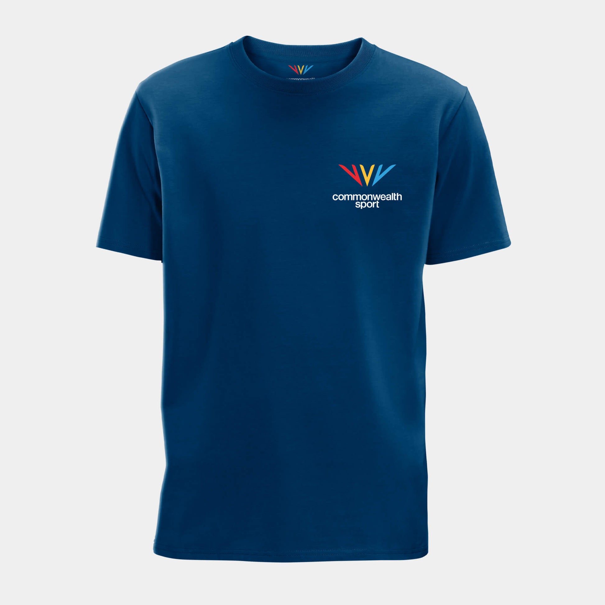 Front view of mountain blue Commonwealth Sport t-shirt with logo chest print - Glasgow 2026