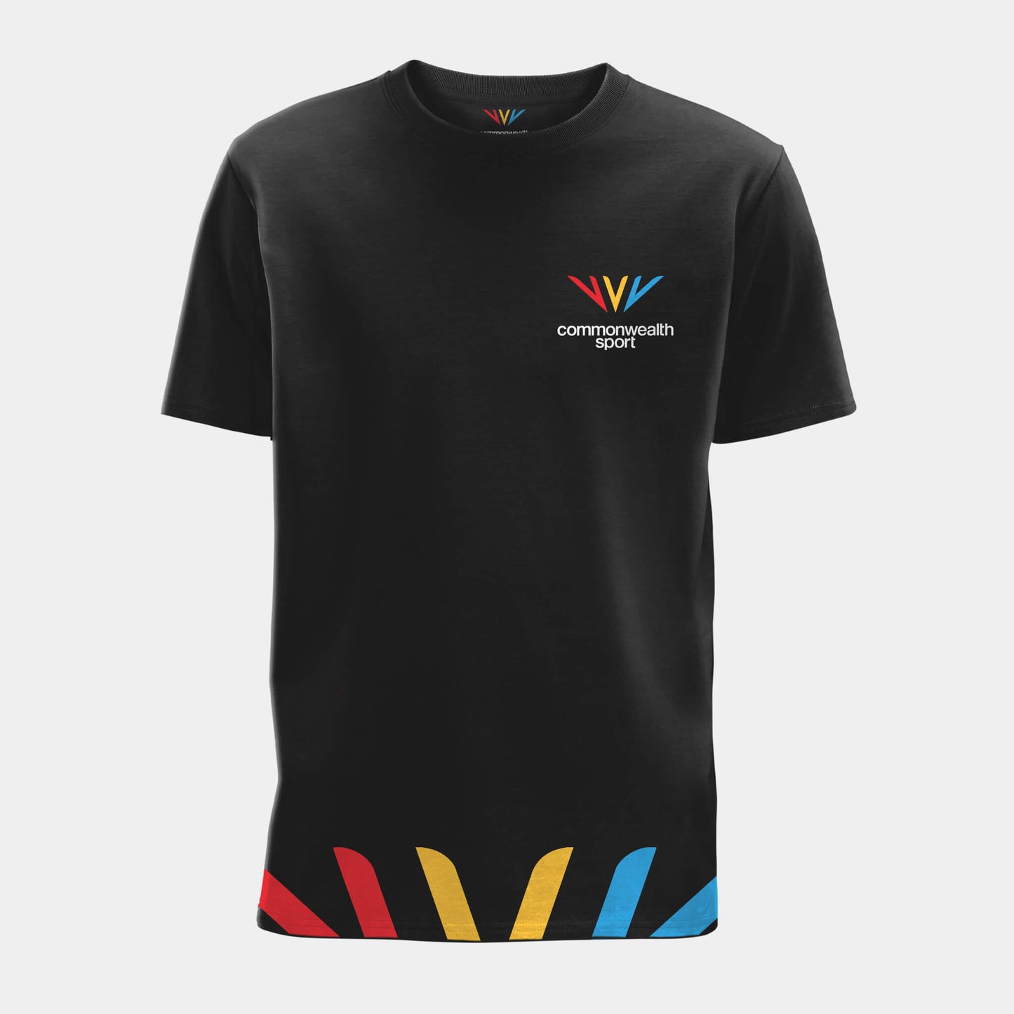 Front view of black Commonwealth Sport t-shirt with logo on the left chest and Celebration Mark detail along the hem - Glasgow 2026