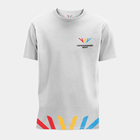 Front view of white Commonwealth Sport t-shirt with logo on the left chest and Celebration Mark detail along the hem - Glasgow 2026