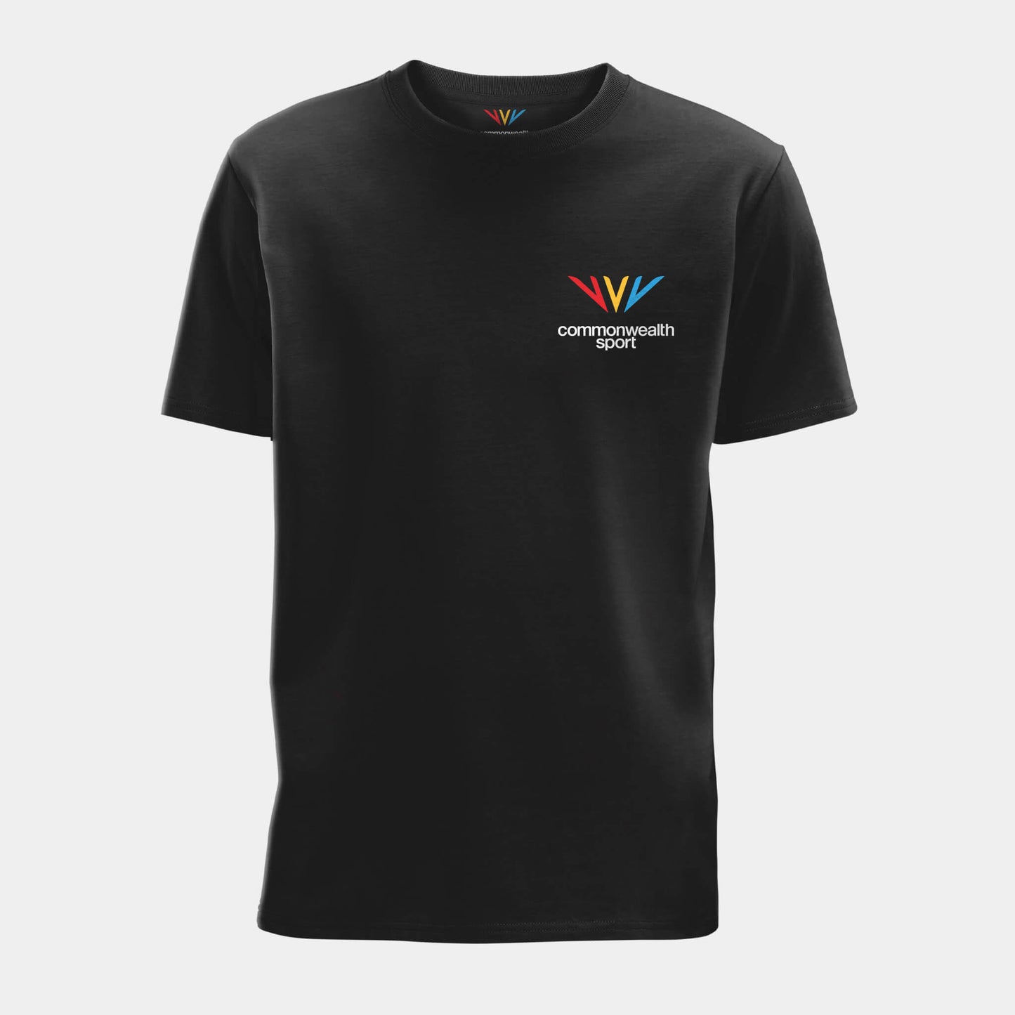 Front view of black Commonwealth Sport More In Common t-shirt with logo on the left chest - Glasgow 2026