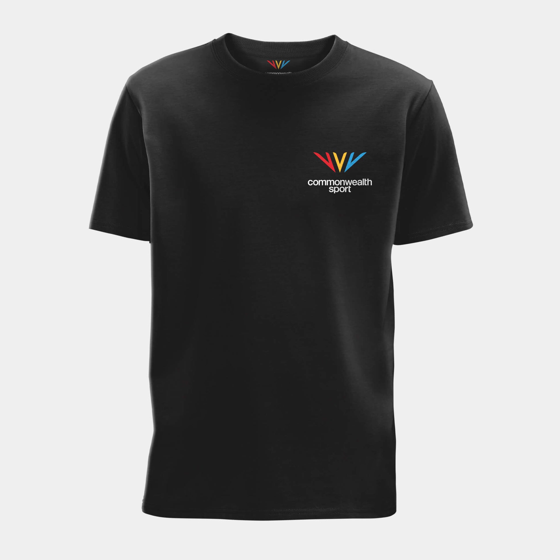 Front view of black Commonwealth Sport More In Common t-shirt with logo on the left chest - Glasgow 2026