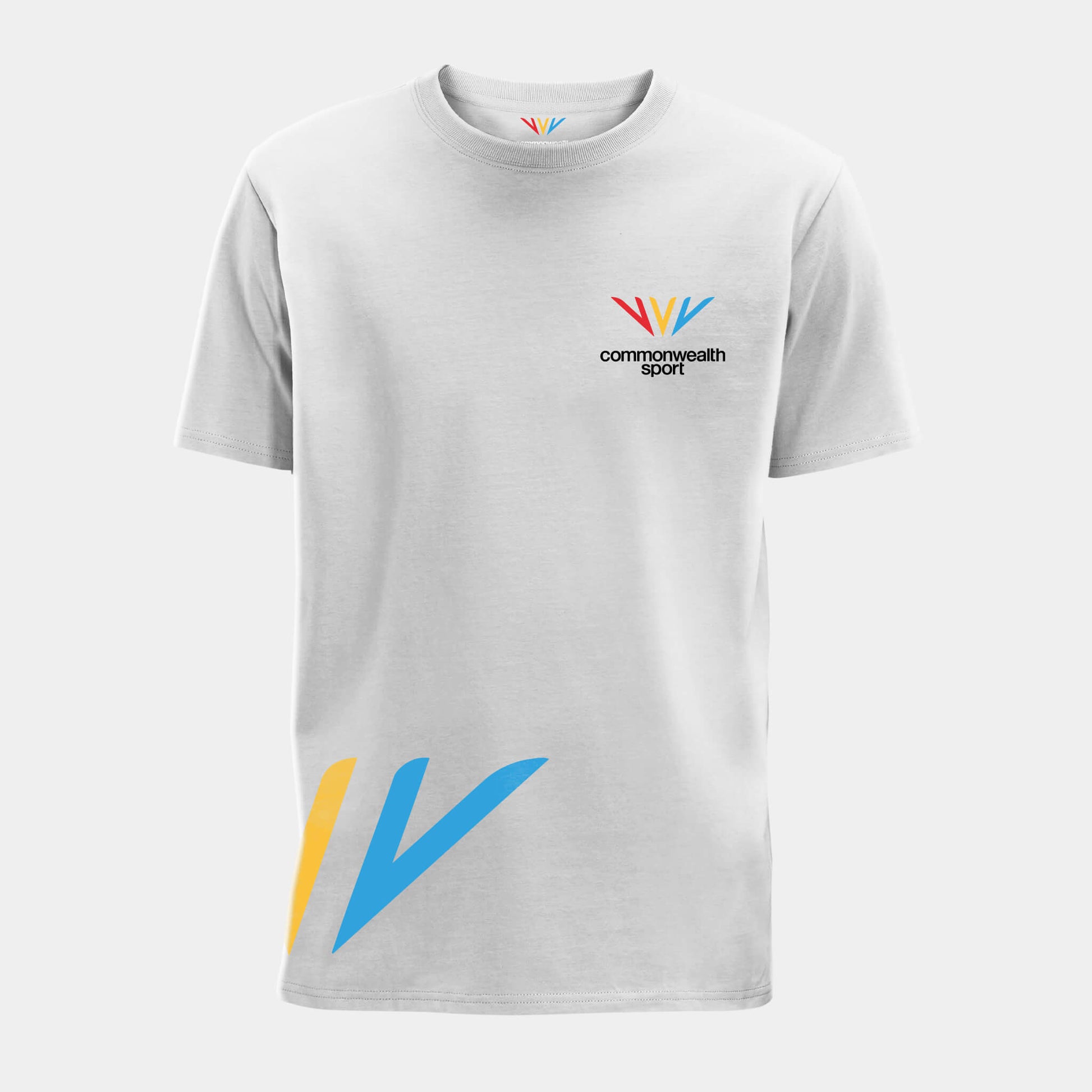 Front view of white Commonwealth Sport  logo t-shirt with Celebration Mark side print  - Glasgow 2026 
