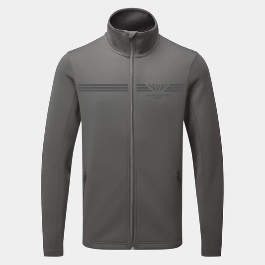 Front view of dark grey Commonwealth Sport track jacket.