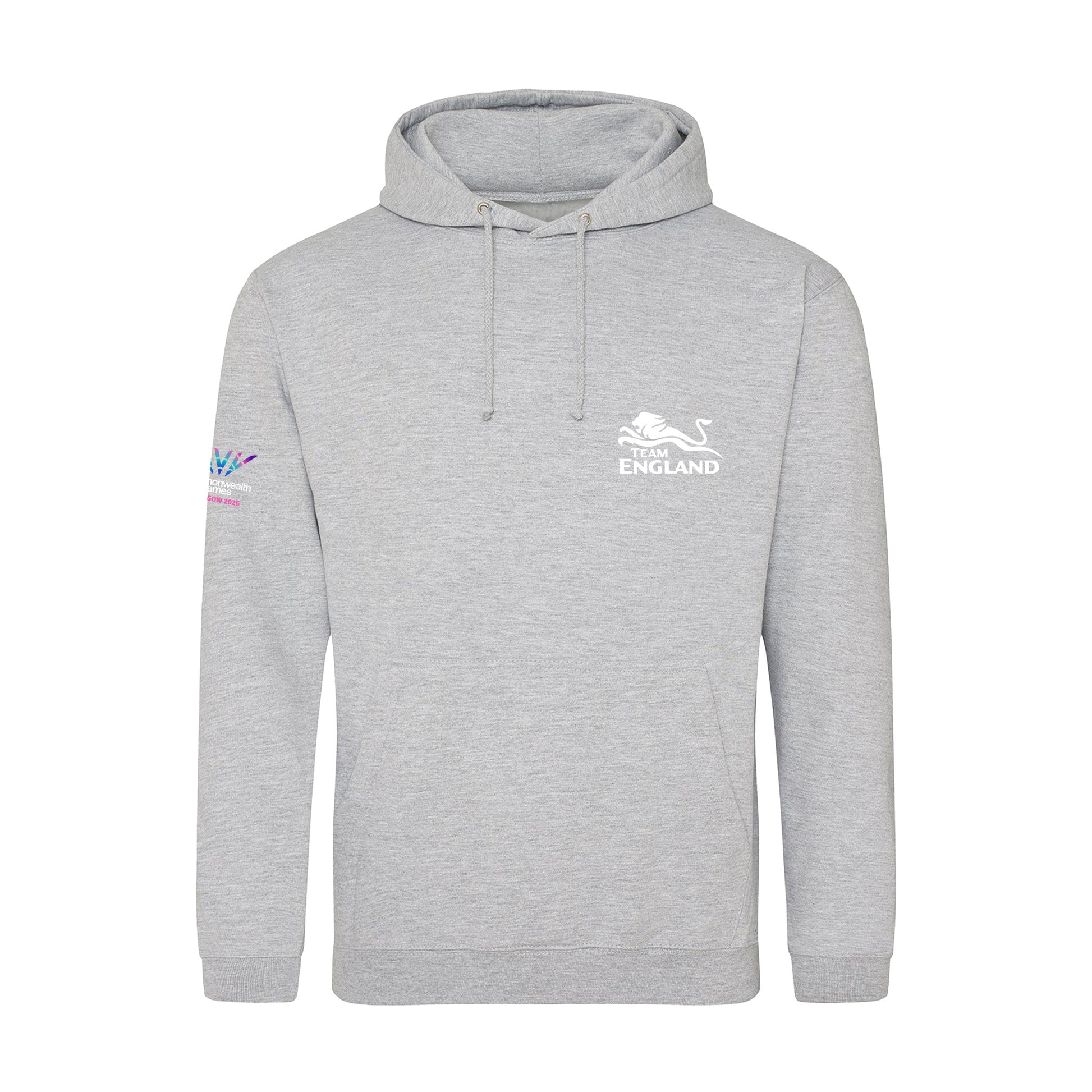 Grey hoodie with Team England logo on the left chest and Glasgow 2026 logo sleeve print.