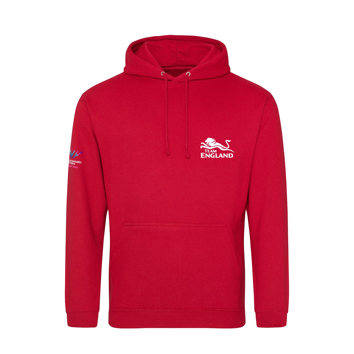 Red hoodie with Team England logo on the left chest and Glasgow 2026 logo sleeve print.