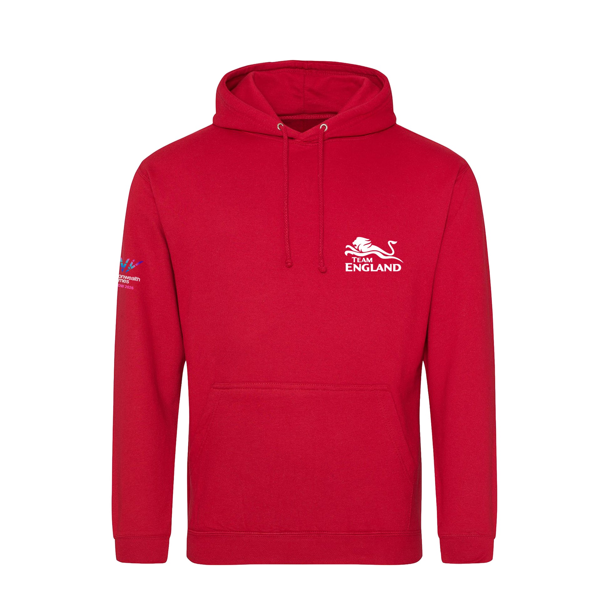 Red hoodie with Team England logo on the left chest and Glasgow 2026 logo sleeve print.