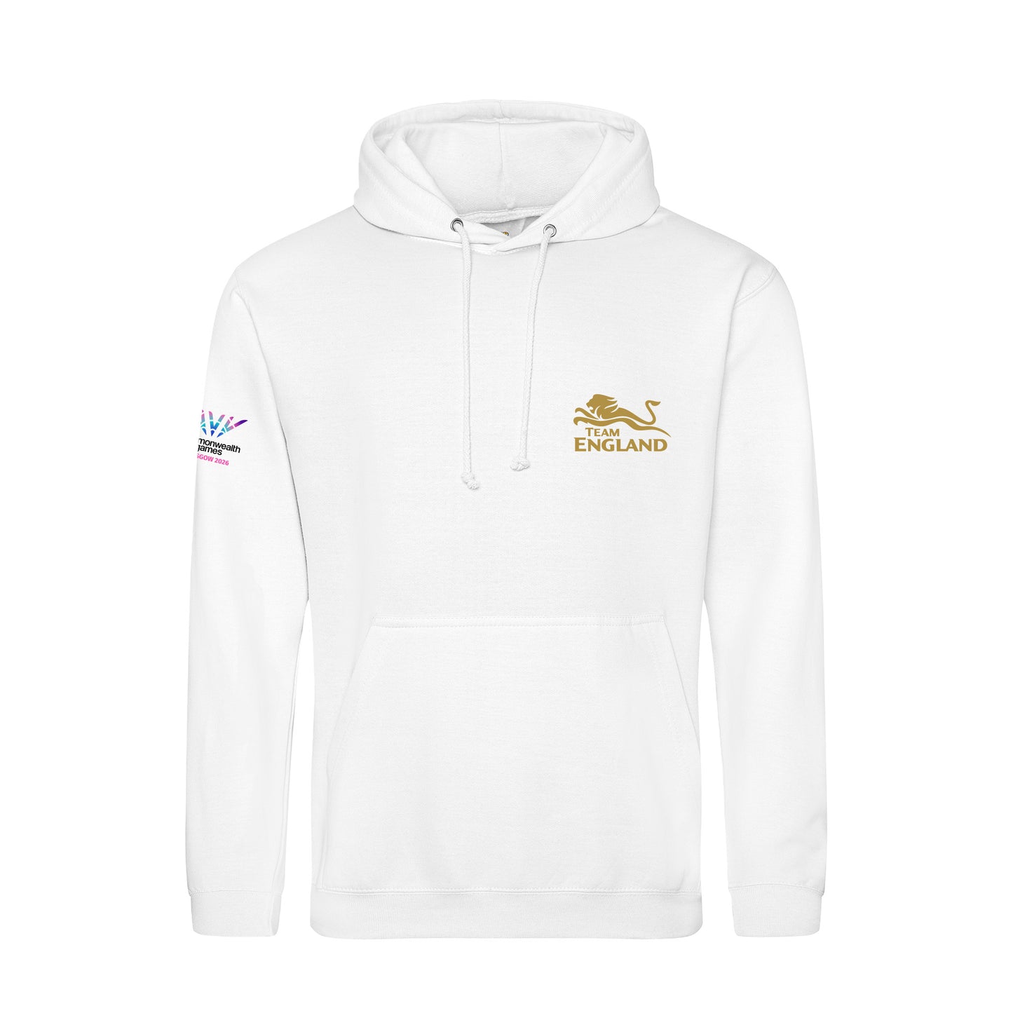 White hoodie with Team England logo on the left chest and Glasgow 2026 logo sleeve print.