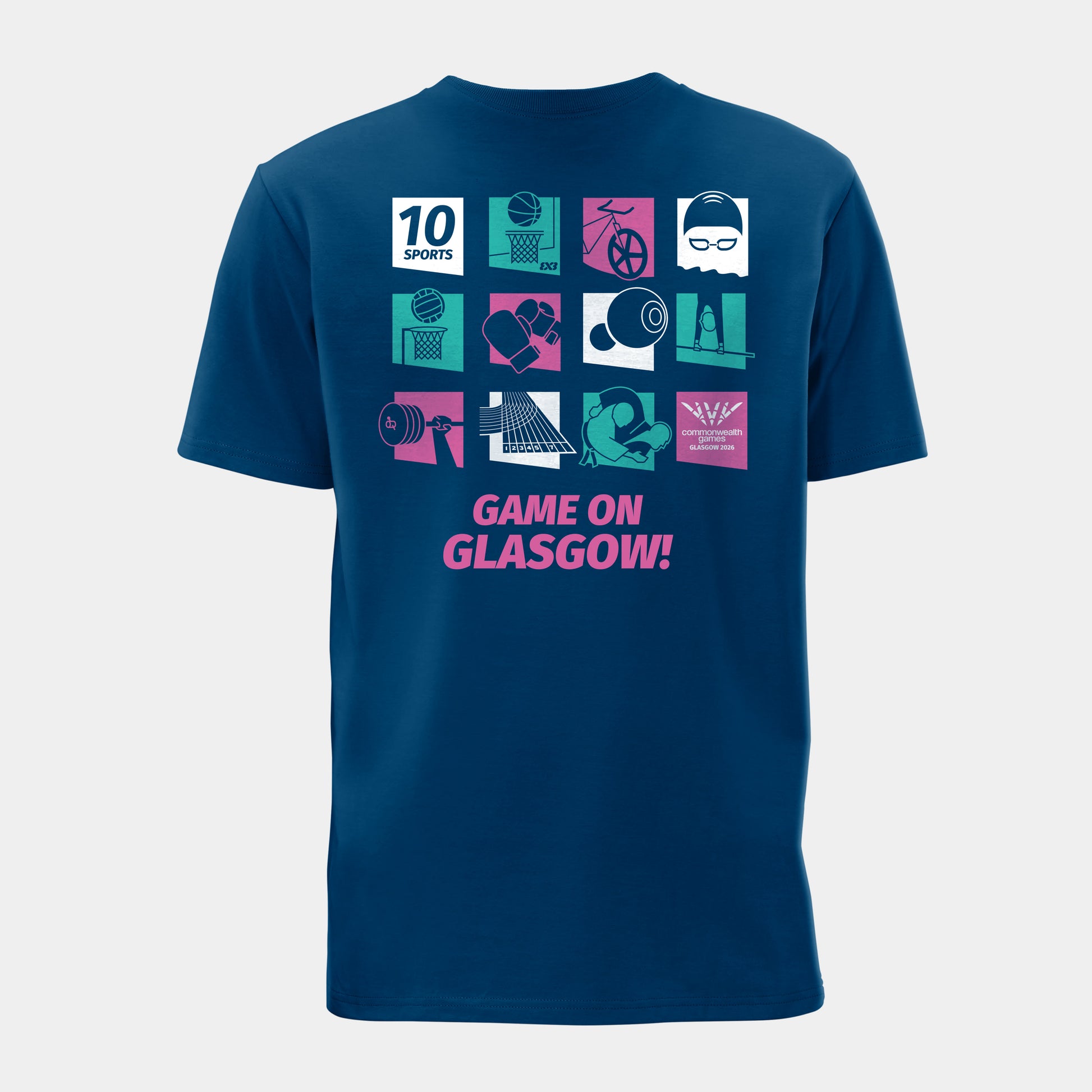 Game On Glasgow T-Shirt - Mountain Blu - Back View - Glasgow 2026 Commonwealth Games