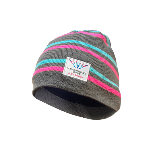 Grey beanie hat with pink and blue stripes with Glasgow 2026 logo label.