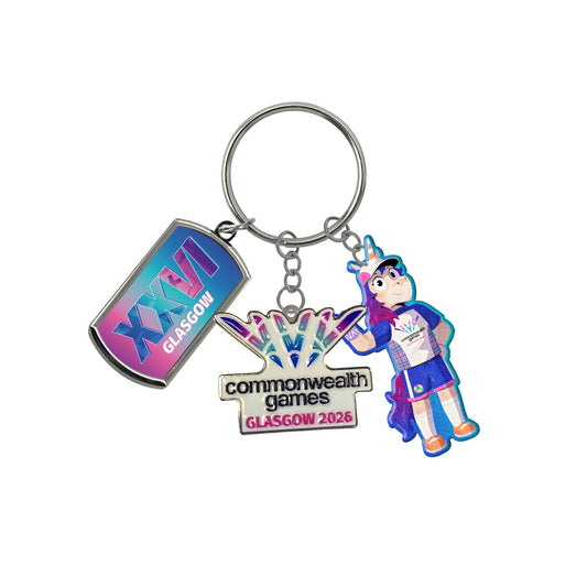 Metal keyring with 3 Glasgow 2026 charms: XXVI, Glasgow 2026 logo and Finnie mascot.