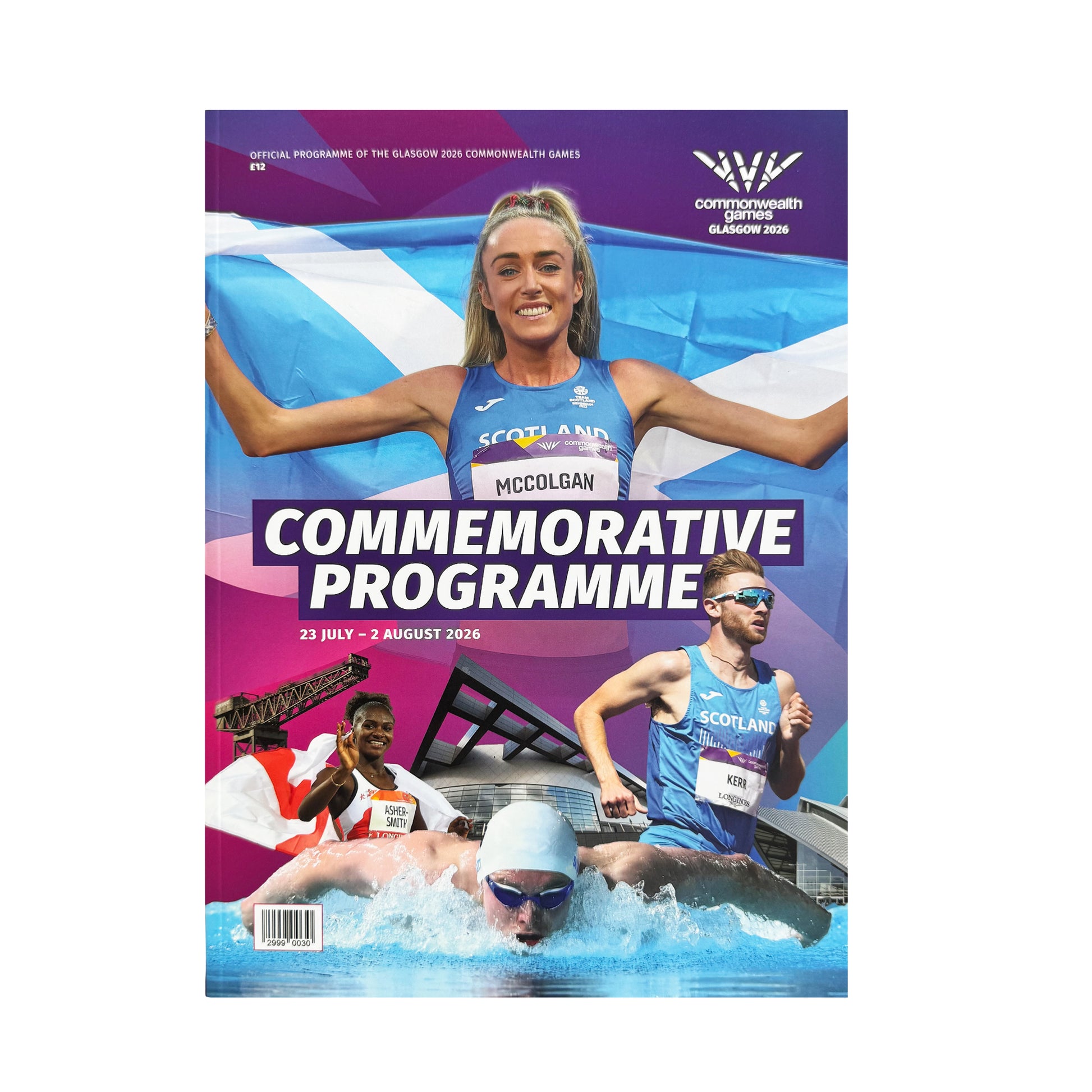Commemorative programme cover for the Glasgow 2026 Commonwealth Games, featuring multiple action photos of athletes, including swimmer Nicola McColgan holding a Scottish flag. The cover has a purple and blue design with the title 'COMMEMORATIVE PROGRAMME' in large white text.