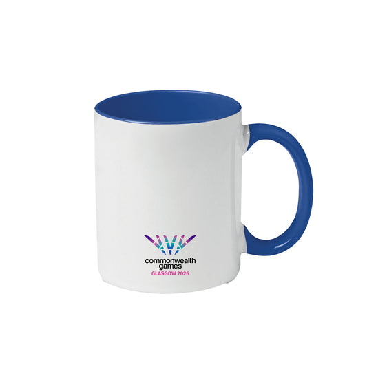 Back view of Glasgow 2026 Cityscape contrast ceramic mug showing Glasgow 2026 logo. Features contrast blue handle, rim and inner.