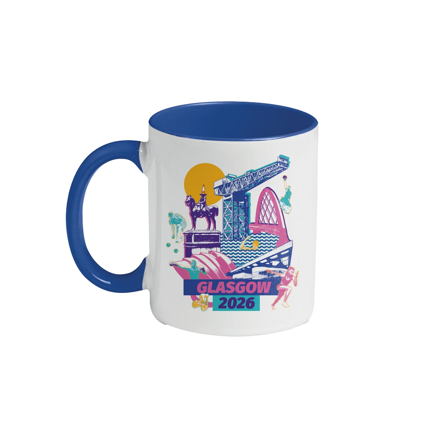 Front view of contrast ceramic mug with Glasgow 2026 Cityscape design and contrast blue handle, rim and inner.