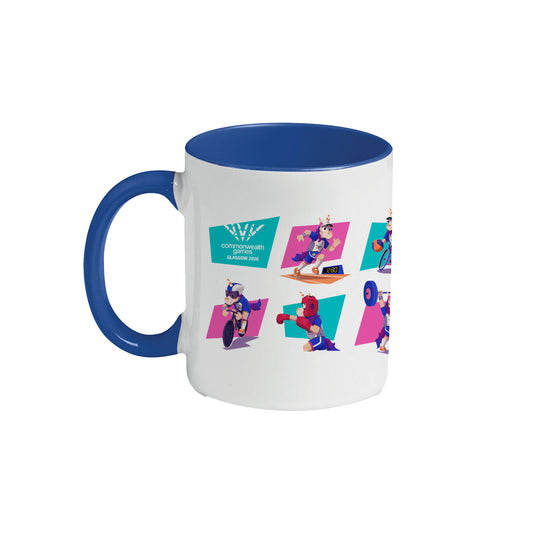 White ceramic mug with contrast blue handle, inner and rim. Printed with a series of pictograms featuring Finnie, the Glasgow 2026 mascot, taking part in each sport.