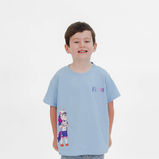 Boy wearing blue Finnie sideprint t-Shirt - Glasgow 2026