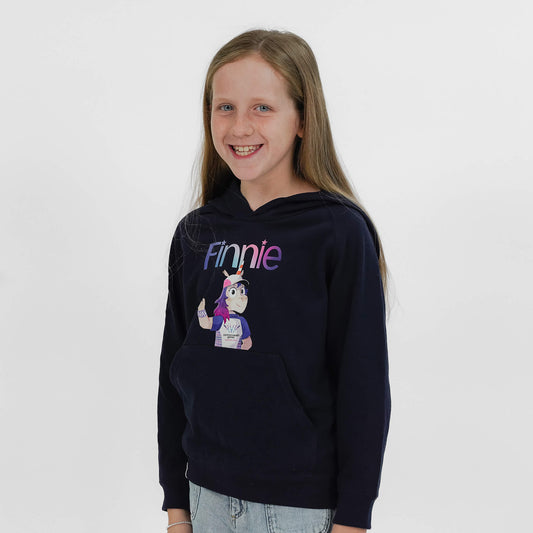 Girl wearing navy Finnie hoodie - Glasgow 2026