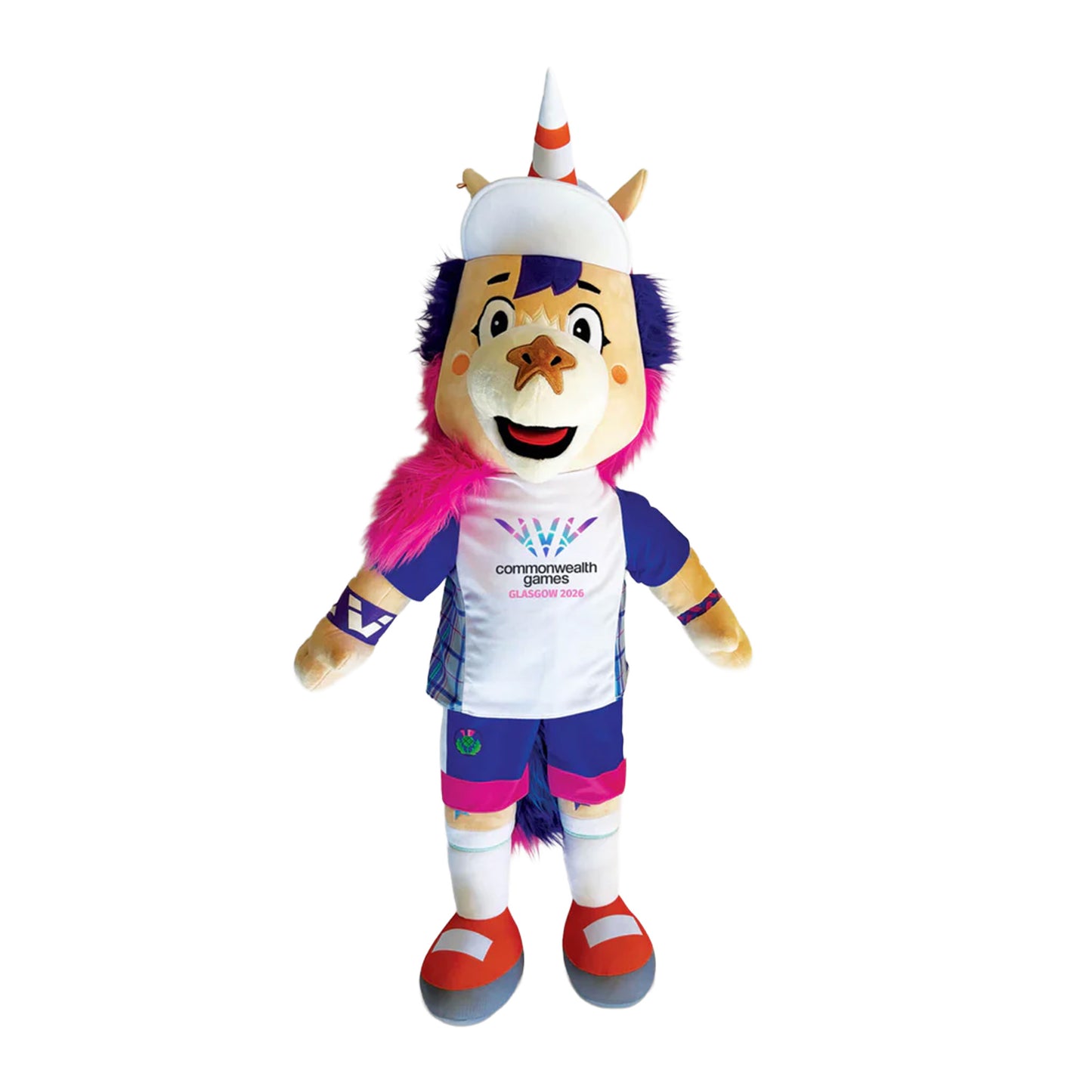 A limited edition 1 metre Glasgow 2026 Finnie Mascot on white background