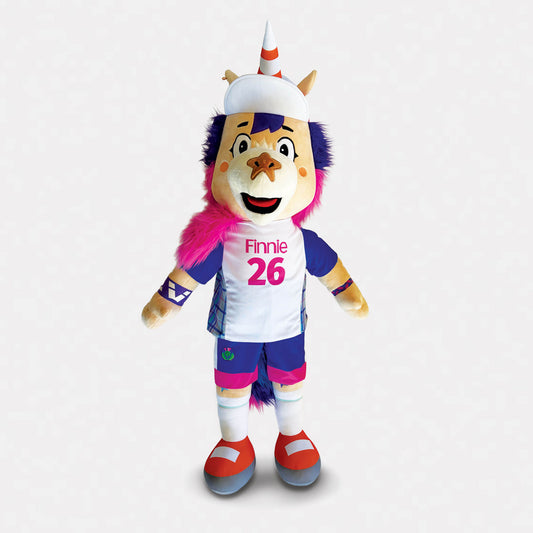 A 100cm Finnie Glasgow 2026 Mascot Plush on grey background