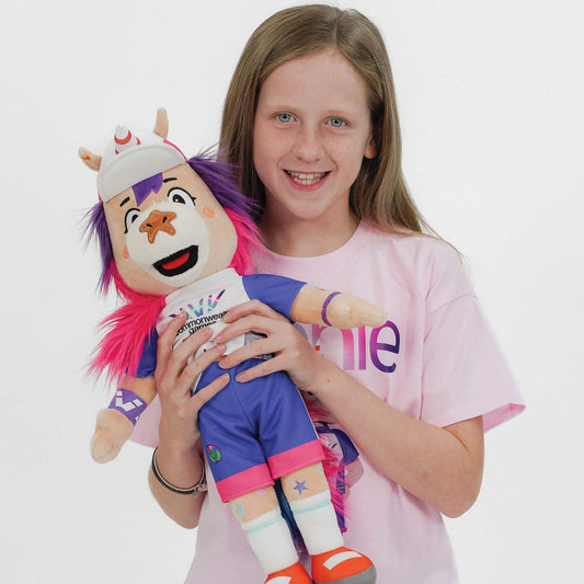 Young girl holding a 50cm Finnie Glasgow 2026 Mascot Plush