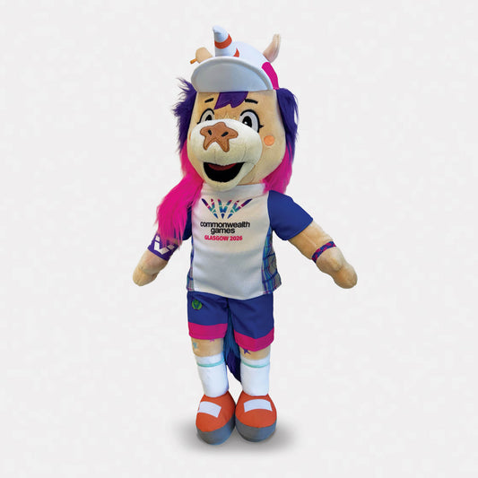 A 50cm Finnie Glasgow 2026 Mascot Plush on grey background