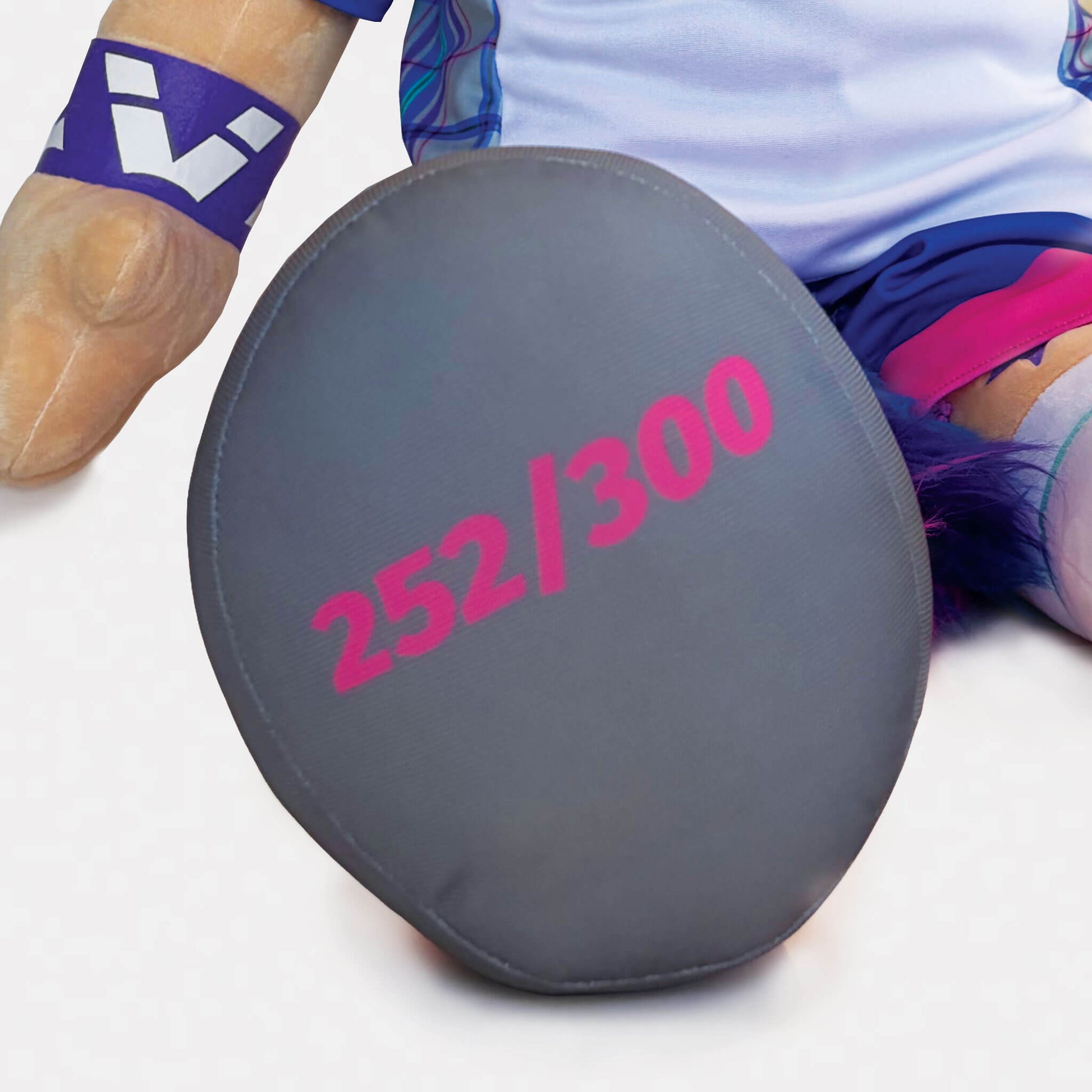 A close up of limited edition 1 metre Glasgow 2026 Finnie Mascot showing production number