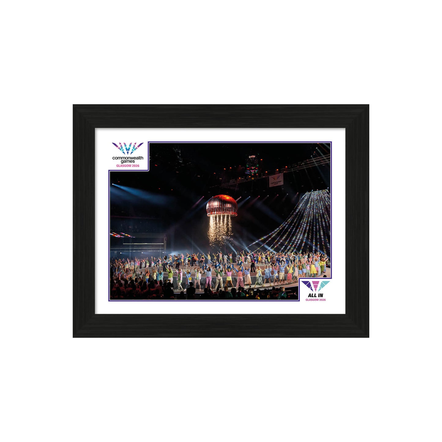 Glasgow 2026 Opening Ceremony 12' x16” Framed Image - A moment of pure Glasgow. The Opening Ceremony's giant tea cake, suspended in a shower of golden sparks above a celebrating arena.