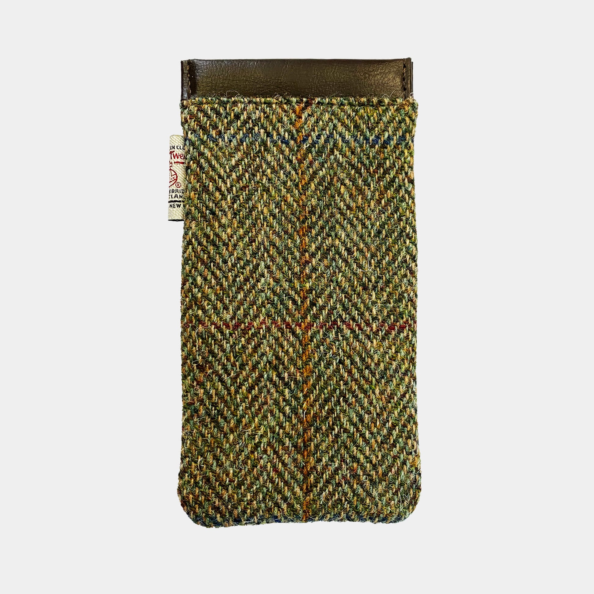 Back view of Glasgow 2026 Country Green Harris Tweed Glasses Sleeve on grey background 
