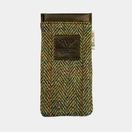 Front view of Glasgow 2026 Country Green Harris Tweed Glasses Sleeve on grey background 