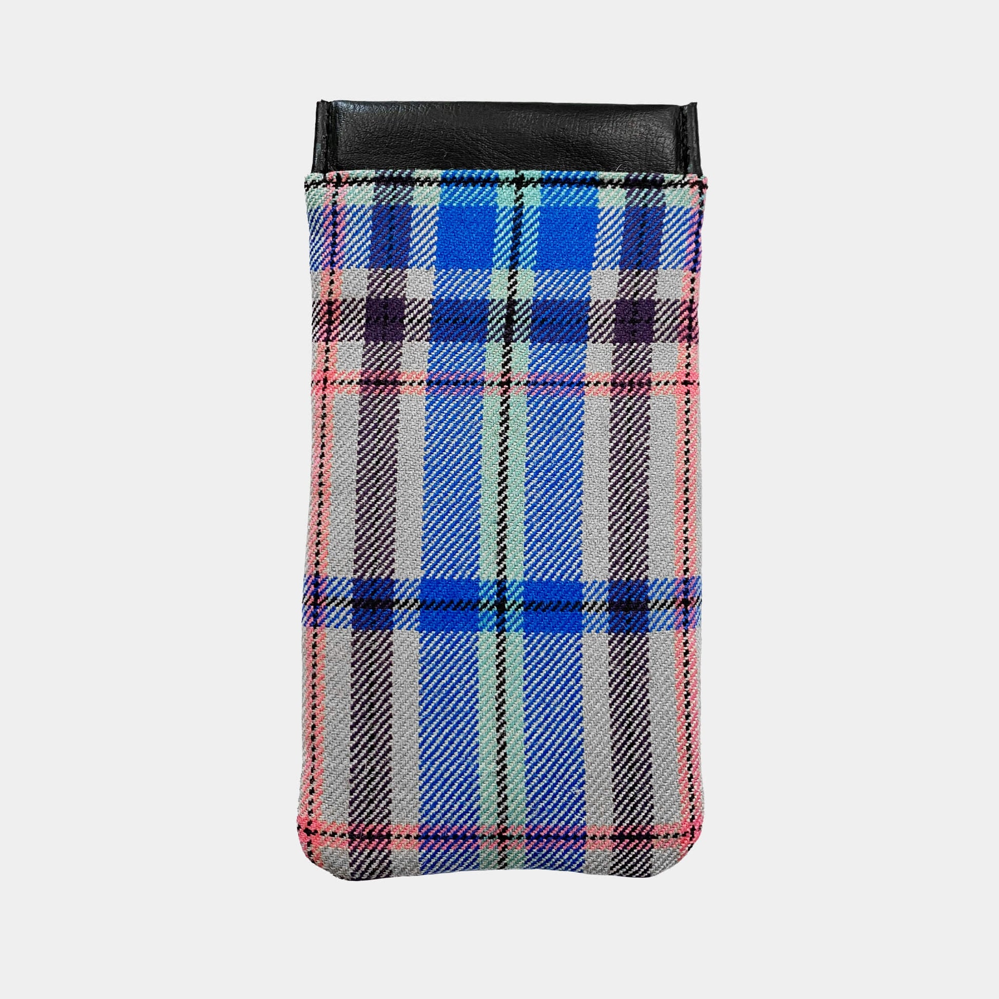 Back view of Glasgow 2026 Tartan Glasses Sleeve on grey background 