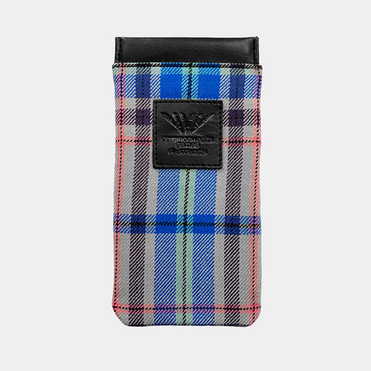 Front view of Glasgow 2026 Tartan Glasses Sleeve on grey background