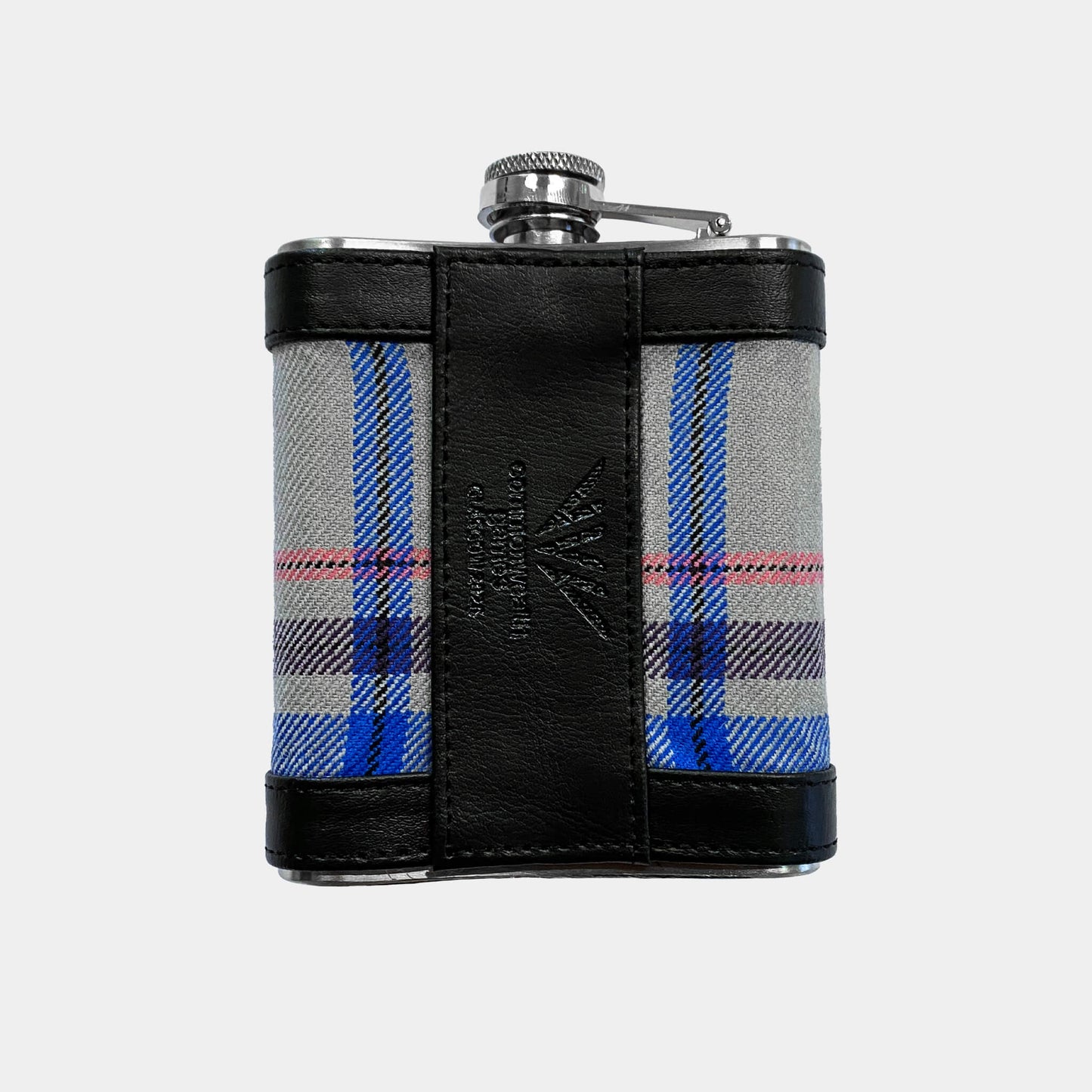 Back view of Glasgow 2026 Tartan Hip Flask on grey background