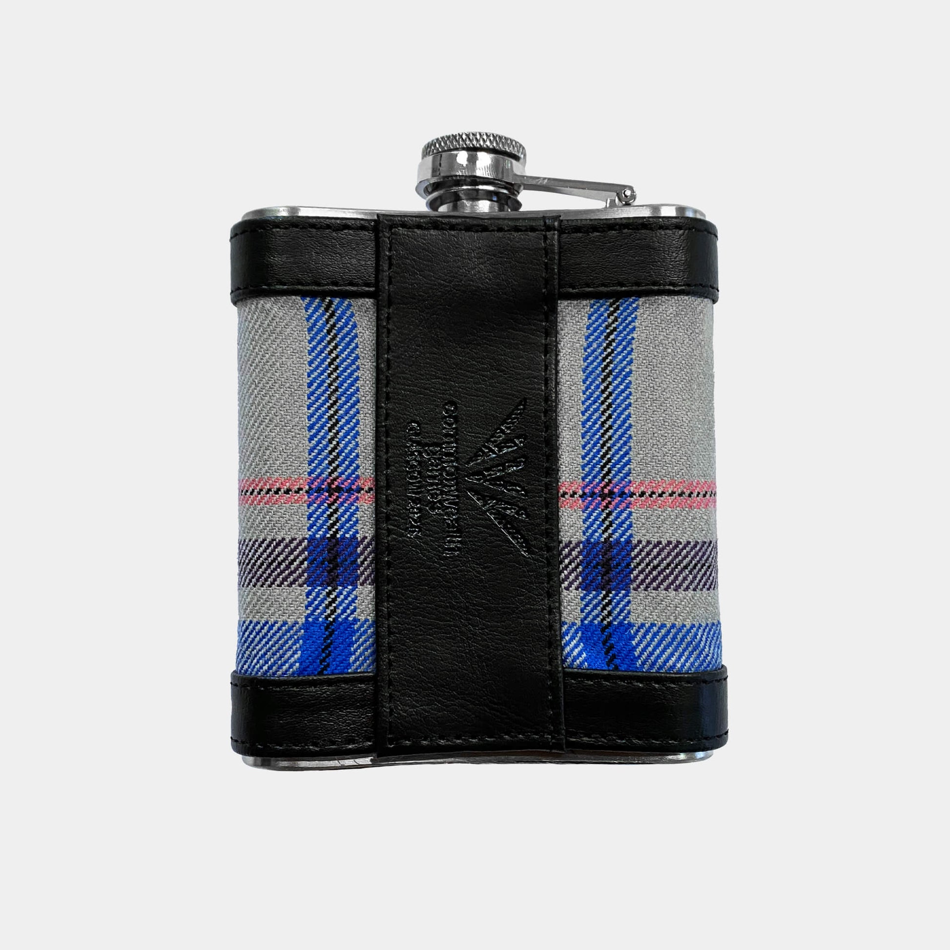 Back view of Glasgow 2026 Tartan Hip Flask on grey background